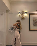 Champagne V-neck black lace long elegant satin ball gown evening dress wedding guest dress HZ1023