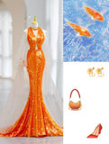 Orange Gorgeous Shiny Elegant Long Sleeve Tulle Long Sequin Mermaid Slim Ball Gown Evening Dress Party Dress HZ1023