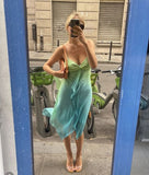 Blue Green Fashion Gradient Spaghetti Strap Short Midi Chiffon Ball Gown Evening Dress Birthday Holiday Party Dress Prom Dress Homecoming Dress HZ1023