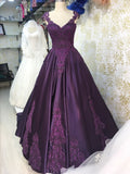 Purple Gorgeous Exquisite Floral Applique Lace Long Satin Ball Gown Evening Dress HZ1023