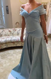 Blue elegant simple off-shoulder tulle long ball gown evening dress HZ1023