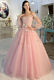 Pink delicate floral applique fairy long sleeves long tulle ball gown evening dress HZ1023