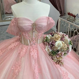 Pink Glitter Off-shoulder Crystal Applique Lace Tulle Sweet Long Ball Gown Evening Gown Adult Ceremony Dress graduation dress HZ1023