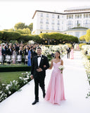 Pink retro elegant sweetheart neckline A-line spaghetti strap satin long evening dress birthday party dress bridesmaid dress HZ1023