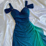 Blue shiny fashion gradient elegant spaghetti straps long chiffon elegant ball gown evening dress party dress HZ1023