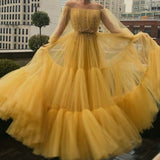 Yellow pretty fairy elegant exquisite beading A-line long sleeve long tulle ball gown evening dress HZ1023