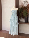 Blue halter back fashionable and elegant chiffon flowing ruffled long skirt HZ1023