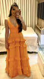 Orange Elegant Sexy V-neck Spaghetti Straps Long Chiffon Ruffles Ball Gown Evening Dress Party Dress HZ1023