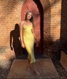 Yellow Simple Fashion Sexy Sweetheart Sleeveless Skinny Long Satin prom dress Evening Gown Wedding Guest Party Dress HZ1023