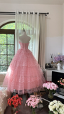 Pink sweet fashion elegant exquisite lace bow long tulle lace princess ball gown evening dress birthday dress adult ceremony dress HZ1023