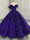 Shiny Purple Off Shoulder Sequined Long Prom Dress Evening Dress Sweet 16 Years Old Dress Graduation Dress Adult Ceremony Dress HZ1023