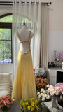 Light Yellow Gorgeous Shiny Fashion Elegant Exquisite Beaded Long Tulle Backless Fairy Ball Gown Evening Dress Birthday/Wedding Guest/Holiday Party Dress Prom Dress Valentine's Day Date Dress HZ1023