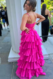 Hot Pink Spaghetti Straps Tiered Long Prom Dress HZ1023