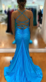 Blue Fashion Elegant V Neck Mermaid Long Sexy Slit Satin Slim Fit prom dress Evening Dress Party Dress HZ1023
