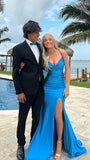 Blue Fashion Elegant V Neck Mermaid Long Sexy Slit Satin Slim Fit prom dress Evening Dress Party Dress HZ1023