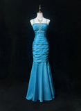 Blue Elegant Gorgeous Vintage Exquisite Beaded Long Mermaid Slim Satin Ball Gown Evening Dress Party Dress Prom Dress HZ1023