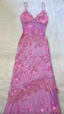 Pink Fashion Exquisite Beaded Spaghetti Strap A-Line Lace Floor Length Elegant Ball Gown Evening Dress HZ1023