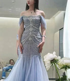 Blue gorgeous shiny beautiful off-shoulder exquisite beading long tulle mermaid slim fishtail skirt ball gown formal evening gown wedding dress HZ1023