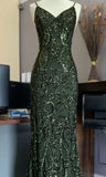 Green shiny elegant delicate beaded applique spaghetti straps long tulle mermaid slim ball gown evening dress HZ1023