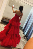 A-Line Strapless Tulle Long Prom Dress with Tiered Ruffles HZ1023