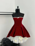 Red shiny cute sweet heavy red velvet tube top short Bow skirt homecoming dress birthday party dress holiday small dress HZ1023