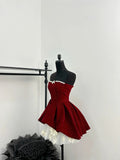 Red shiny cute sweet heavy red velvet tube top short Bow skirt homecoming dress birthday party dress holiday small dress HZ1023