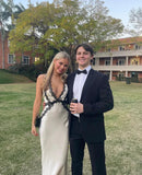 Champagne V-neck black lace mermaid long slim evening dress ball gown wedding guest dress HZ1023