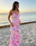 Dreamy elegant spaghetti strap pink layered ruffle maxi dress long chiffon evening gown ball gown HZ1023