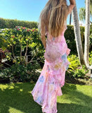 Dreamy elegant spaghetti strap pink layered ruffle maxi dress long chiffon evening gown ball gown HZ1023