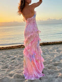 Dreamy elegant spaghetti strap pink layered ruffle maxi dress long chiffon evening gown ball gown HZ1023