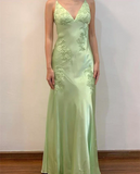 Green V-neck exquisite embroidery long satin ball gown evening dress HZ1023