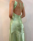Green V-neck exquisite embroidery long satin ball gown evening dress HZ1023