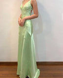 Green V-neck exquisite embroidery long satin ball gown evening dress HZ1023