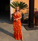 Orange Fashion Elegant Spaghetti Strap Long Ruffle Chiffon Ball Gown Evening Dress Party Dress Wedding Guest Dress HZ1023