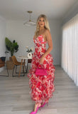 Hot Red Floral Print A-Line Backless Ruffle Long Chiffon Elegant Sexy Ball Gown Evening Dress Party Dress HZ1023