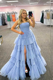 A-Line Strapless Tulle Long Prom Dress with Tiered Ruffles HZ1023