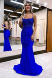 Dark green shiny glamorous mermaid slim round neck long satin prom dress evening gown party dress with beading HZ1023