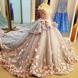 Light pink gorgeous delicate floral applique long tulle floor length train ball gown evening dress HZ1023