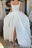 White fantasy square neck slit lace applique long tulle backless bridal gown wedding dress HZ1023