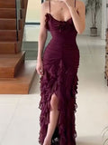 Purple Elegant Sexy Spaghetti Strap Ankle Length Chiffon Ruffle prom Evening Dress Party Dress HZ1023