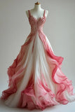 Pink gradient fashion elegant long tulle ball gown evening dress HZ1023