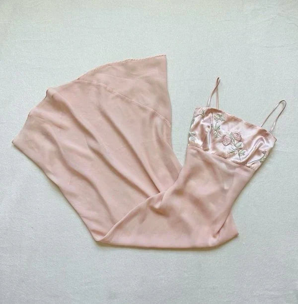 Pink Sweet Spaghetti Strap Chiffon Embroidery Applique Long satin prom dress Ball Gown Evening Dress Wedding Guest Party Dress Bridesmaid Dress HZ1023