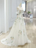 White exquisite floral fashion short sleeve long tulle floor length ball gown, evening dress, party dress HZ1023