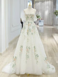 White exquisite floral fashion short sleeve long tulle floor length ball gown, evening dress, party dress HZ1023