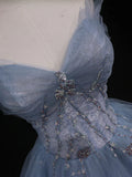 Blue Gorgeous Exquisite Beading A-line Tulle Long Prom Gown Evening Gown Formal Graduation Dress HZ1023