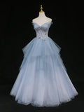 Blue Gorgeous Exquisite Beading A-line Tulle Long Prom Gown Evening Gown Formal Graduation Dress HZ1023