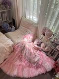 Pink sweet fashion elegant exquisite lace floral long tulle lace princess ball gown evening dress birthday dress adult ceremony dress HZ1023