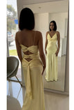 Yellow Fashion V-neck Spaghetti Straps Elegant Long Satin Back lace-up Ball Gown Evening Dress Party Dress HZ1023