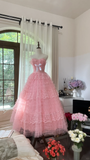 Pink sweet fashion elegant exquisite lace bow long tulle lace princess ball gown evening dress birthday dress adult ceremony dress HZ1023