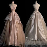 Pink Gorgeous Exquisite A-line Off-shoulder Beaded Long Tulle Ball Gown Wedding Dress Evening Gown HZ1023